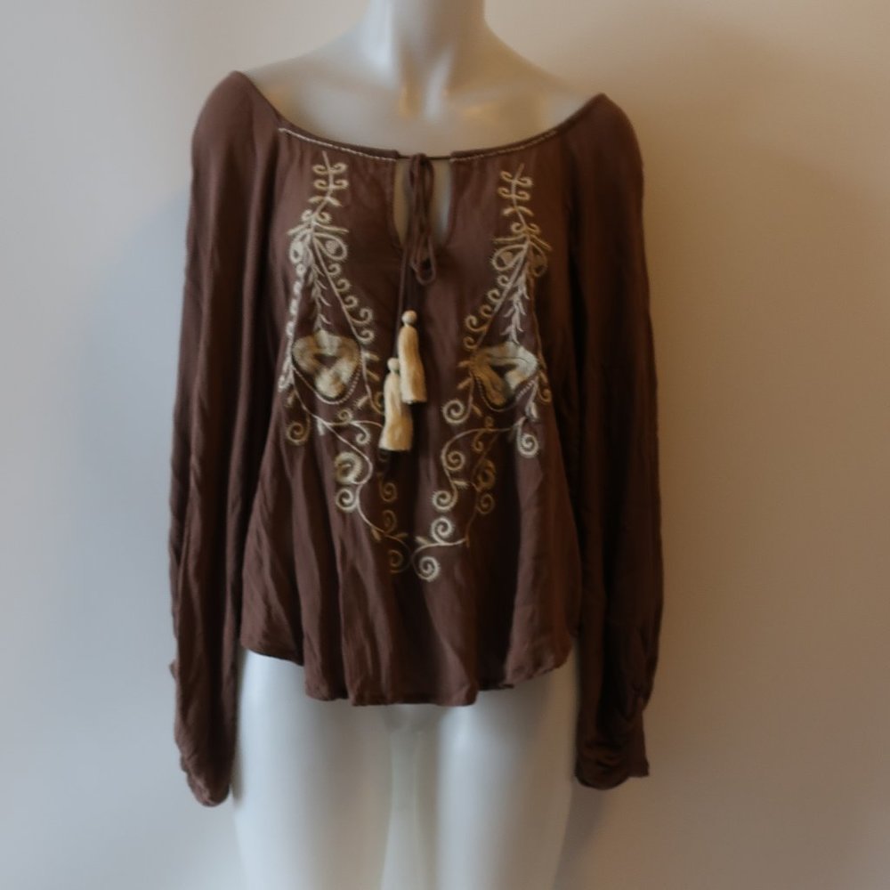NWT TINA DEMEL BROWN EMBROIDERED BLOUSE TOP M *